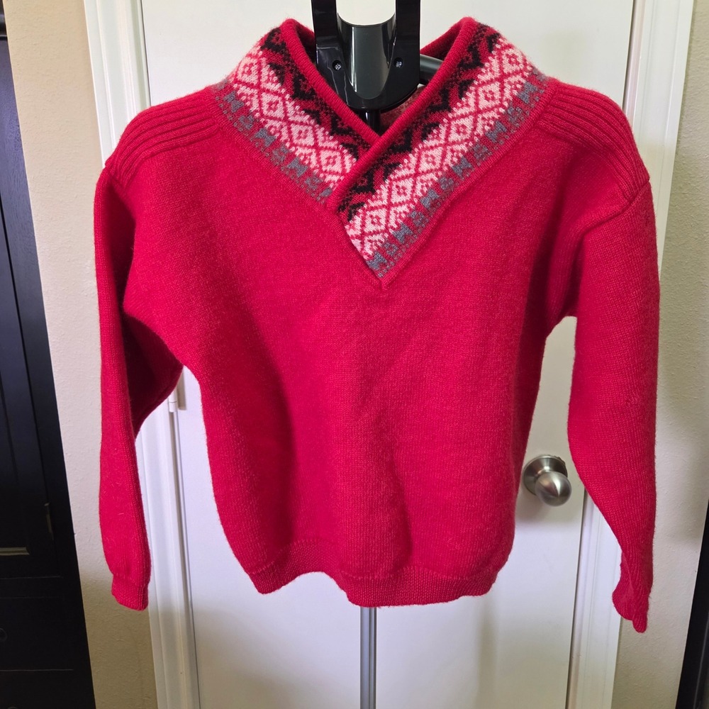 Vintage Esprit Sport Red Wool Fair Isle Nordic Shawl Neck Sweater Womens Medium